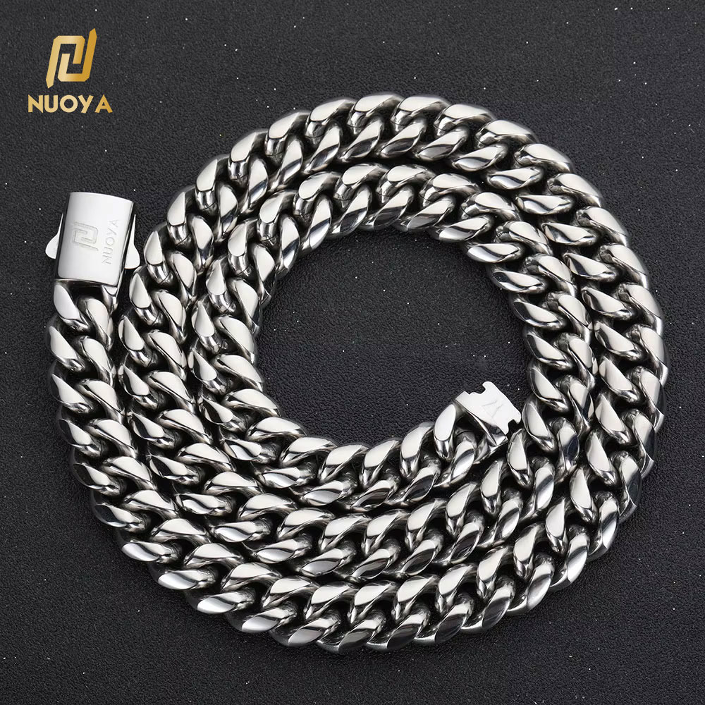 Nuoya Hip Hop Jewelry 12mm Sterling Silver Miami Cuban Lidynamic Chain High Polish Silver Cuban Chain Customized Trend Necklace Gift