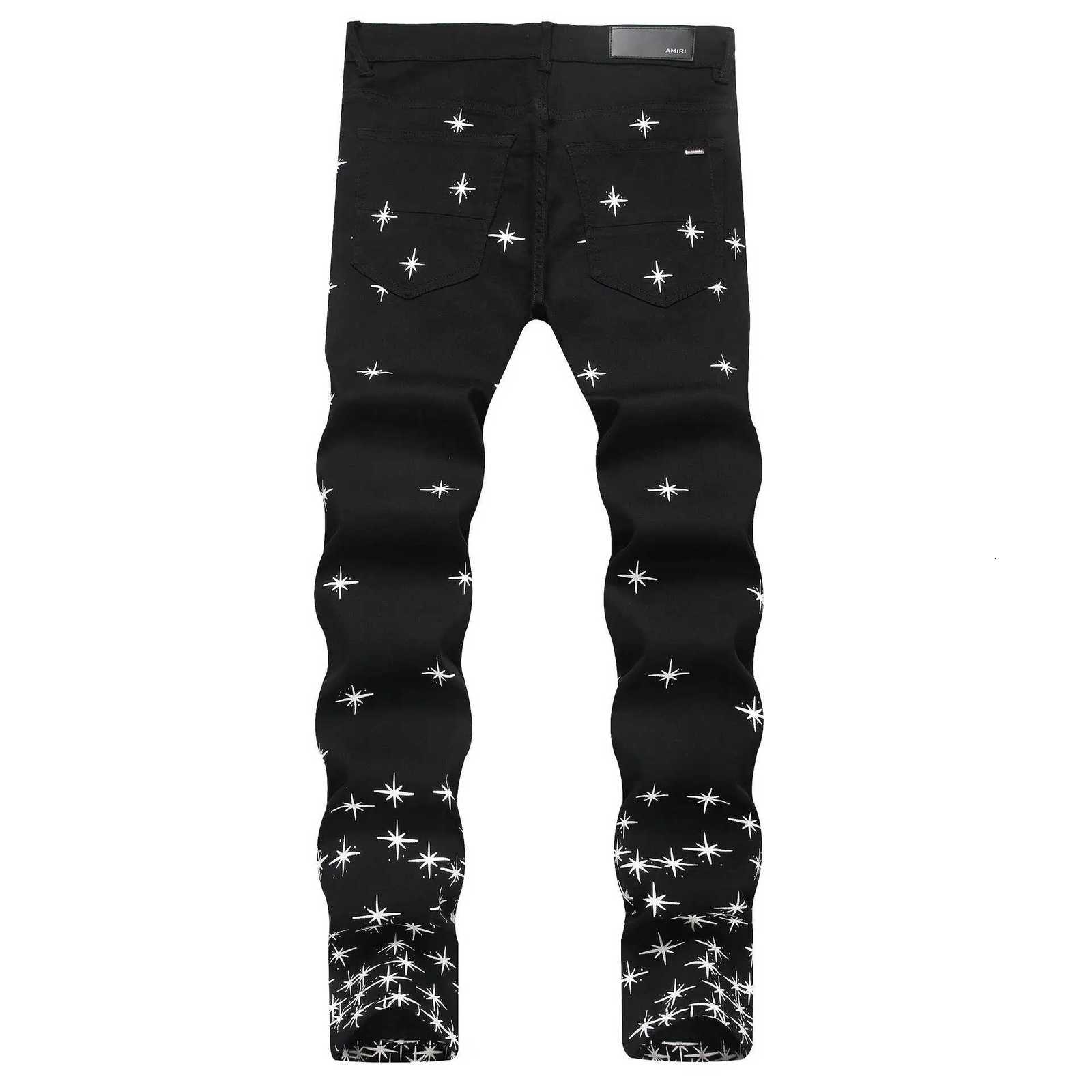 Four Seasons Street Black MidWaist AM Mens Embroidered Elastic Trendy Personality Slim Fit Skinny Jeans Long Pants Y251105