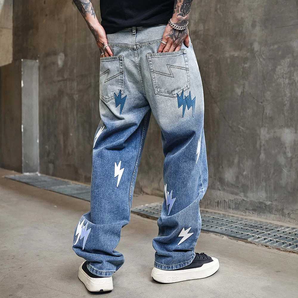 Mens Lightning Patch Denim Jeans Loose Straight Hip Hop Streetwear Pants Relaxed Fit Blue Trousers Y251105