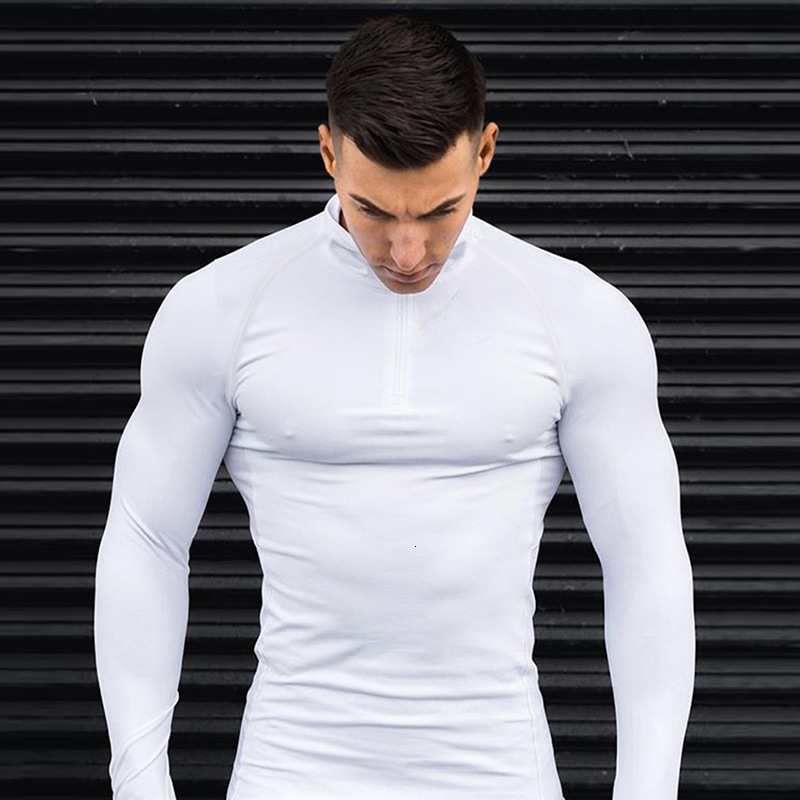 Solid Color Stand Collar Zipper T-Shirt Men Fitness Running Sports Long Sleeve Base Shirt Autumn Stretch Tight-Fitting Trendy