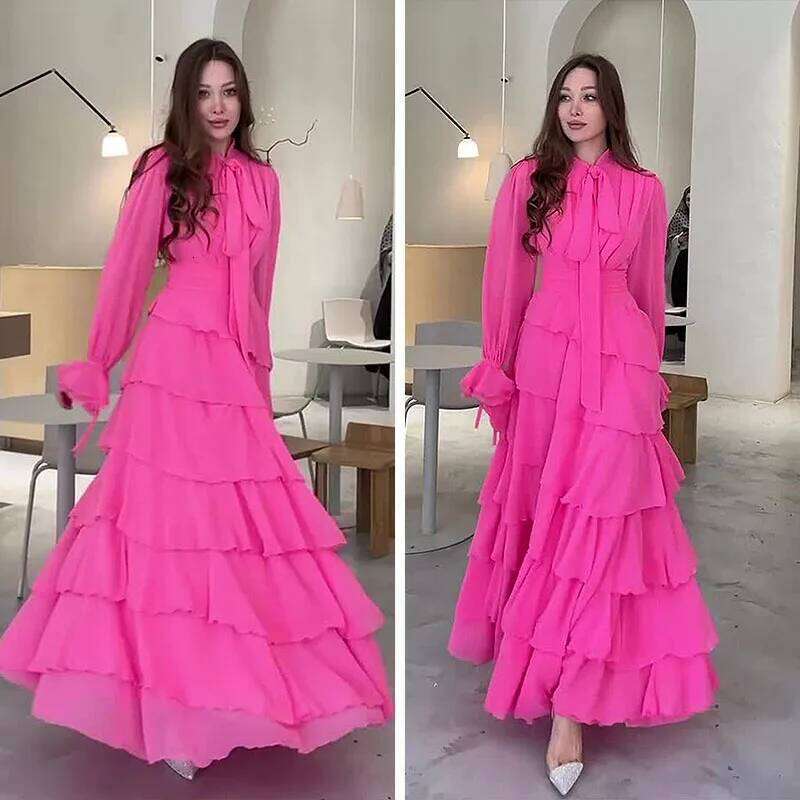 Autumn New Ruffle Leaf Splicing Wind Chiffon Semi-turtleneck for Women Evening Dress Formal Party Gown