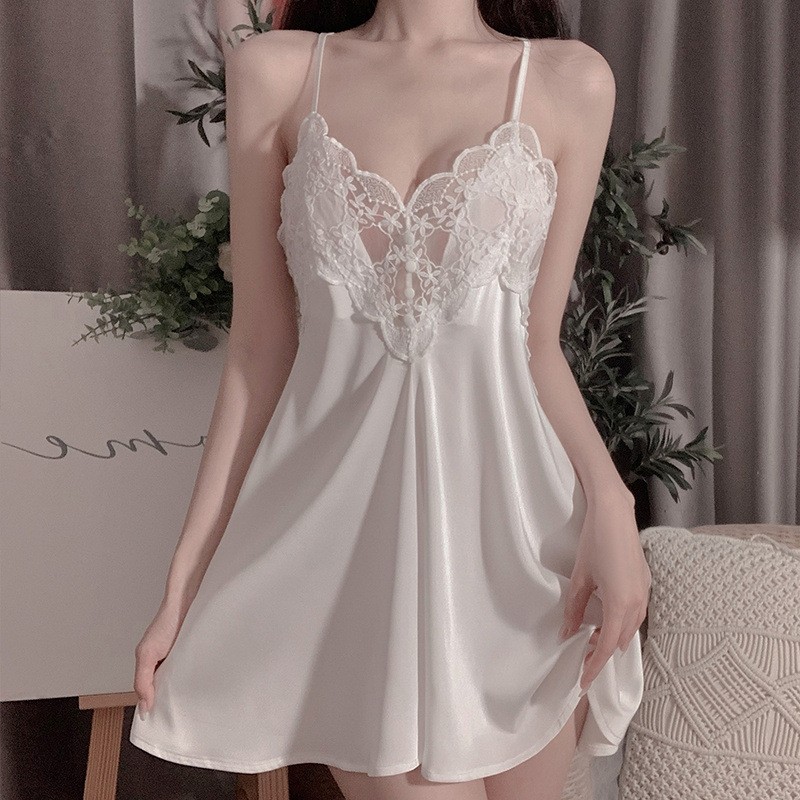 Lace Netted See-through Nightwear Outfit with Ribbon Detail