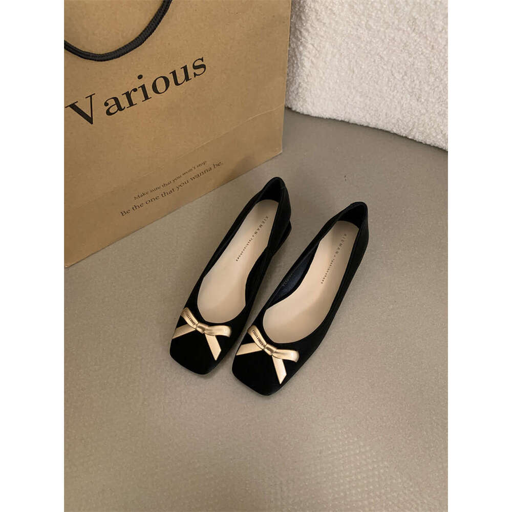 2025 Spring Autumn Women's Designer Shoe - Black French Style Bow Metal Square Toe Shallow Mouth Chunky Heel Work Shoes