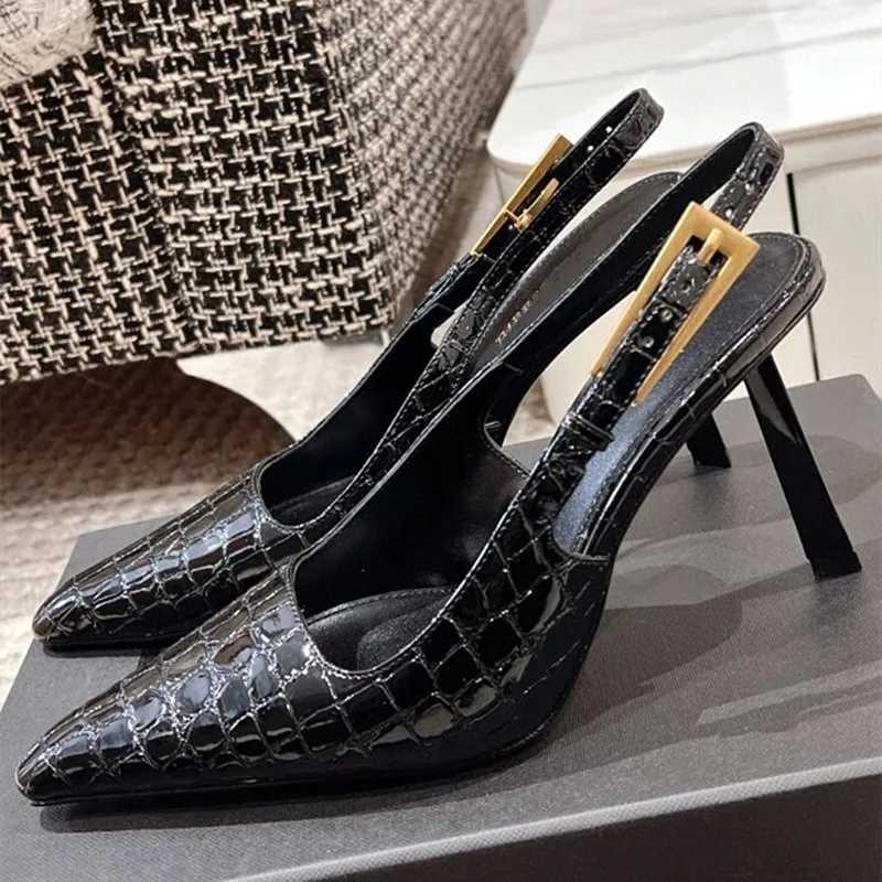 Patent Leather Pattern Thin High Heels Women Sexy Pointed Toe Metal Buckles Slingback Heeled Sandals Elegant Banquet Dress Shoes Z251015