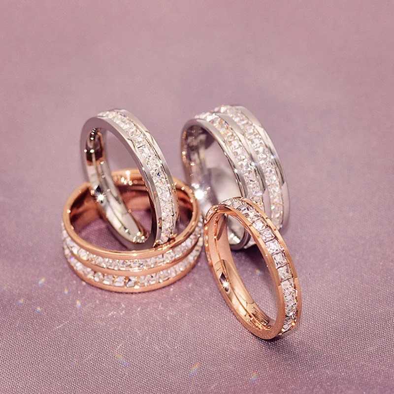 Luxury Rose Gold Color Single Double Row Square Zircon Stainless Steel Ring For Women Romantic Engageme Wedding Party JewelryW251017