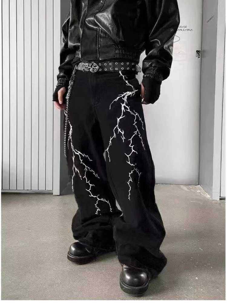Y2k Fashion Baggy Jeans Black Mens Streetwear Straight Oversize Wideleg Pants Vintage Lightning Pattern Loose Denim Trousers1 Y251105