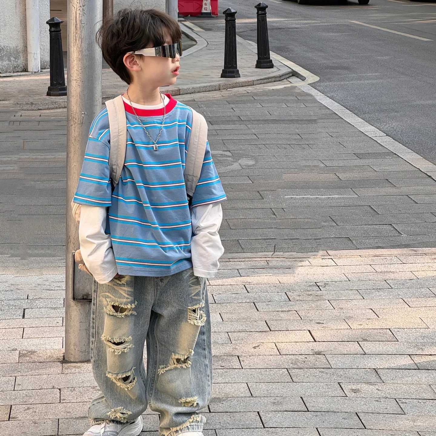 2025 Spring New Korean Style Boys Fashion Retro American High Street Piercing Jeans Childrens Pants TrendT251017