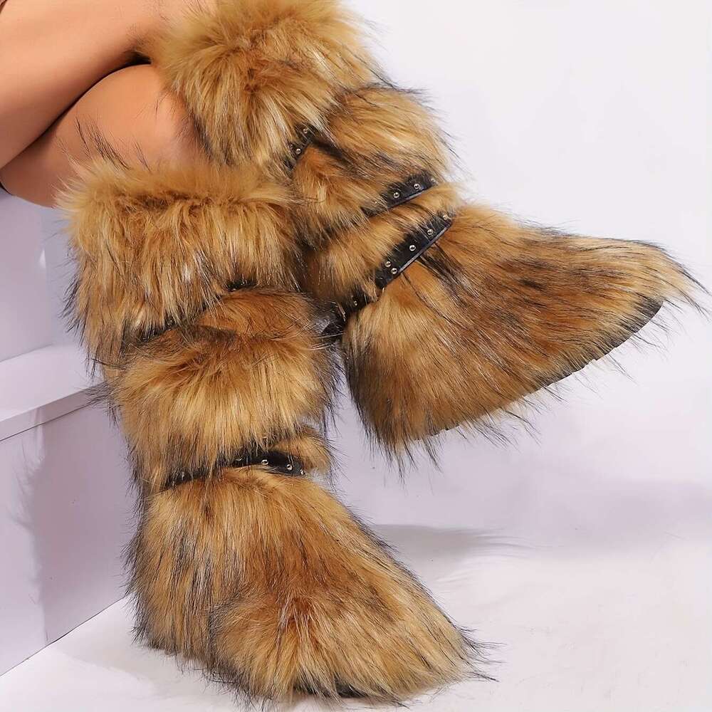 Women's Stylish Faux Fur Boots With Chain Detail - Warm Snow Slip-On Round Toe, Flat Superfine Fiber Upper & Lining, TPR Sole, Perfect For Outdoo