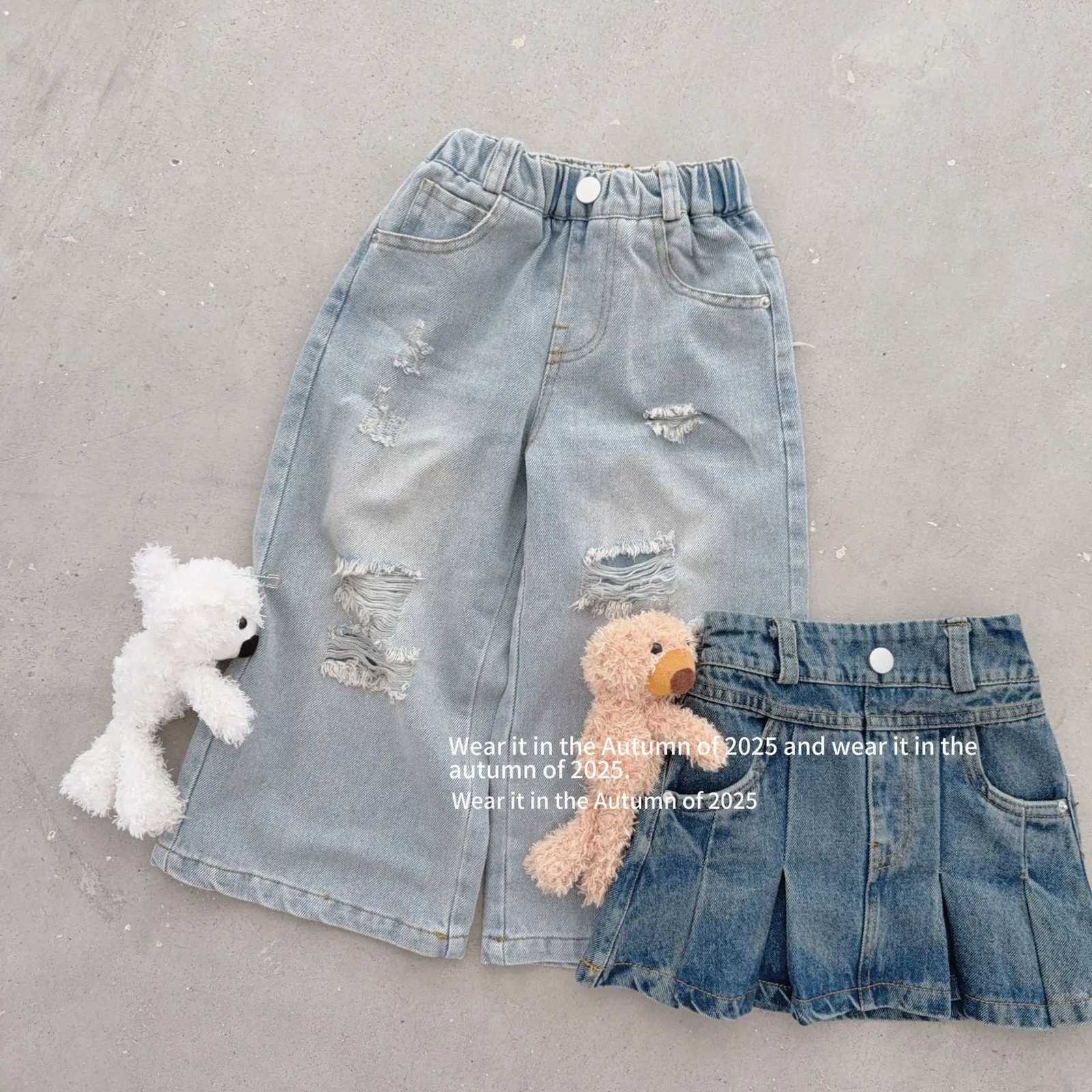 Girl Pants 2025 Autumn New Childrens Clothing Korean Style Girl Baby Fashion Ripped Jean Straight Pants Casual Simple DailyT251017