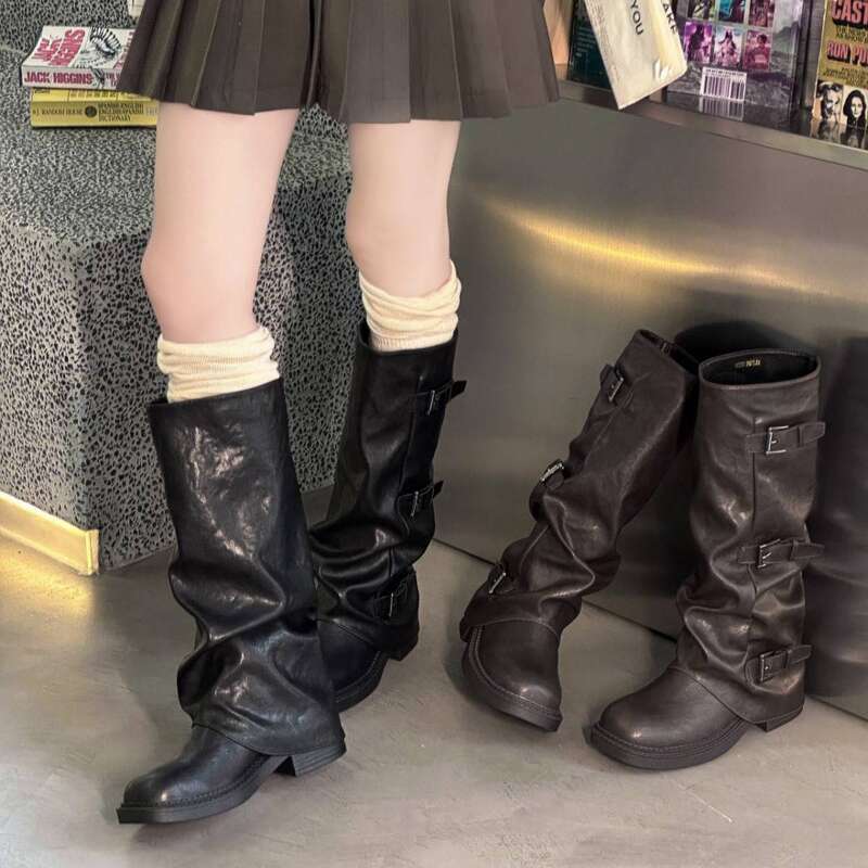 Cameido Western Cowboy Belt Buckles Autumn Winter Wasteland Style Folded Pile Long Boots With Trouser Legs