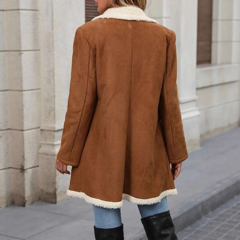 Autumn Winter New Suede Velvet Coat Fashion Casual Turn-Down Collar Mid-Length Warm Woolen Women's Overcoat B5