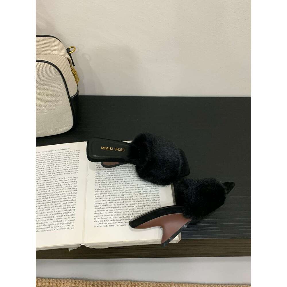 French Style Furry Wedge Designer Shoe - 2025 Autumn New Women's Slippers, Square Open-Toe & Warm for Outdoor Autumn Wear