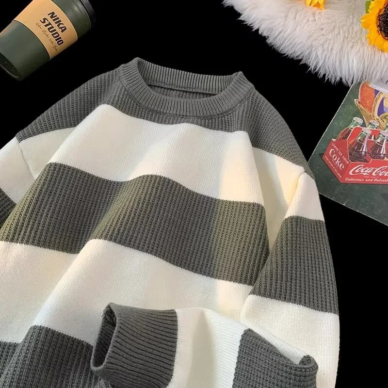 2025 Winter Mens Long Sleeve Striped Sweater Korean Fashion Pullover Knitted Sweaters Casual Crewneck Pullovers Y2K Streetwear 251017