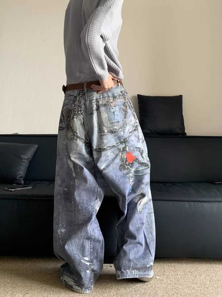 American Retro 3D Printed Chain Straight Leg Jeans Mens Design Sensation INS Long Trousers Trendy mid Waist Jeans J251016