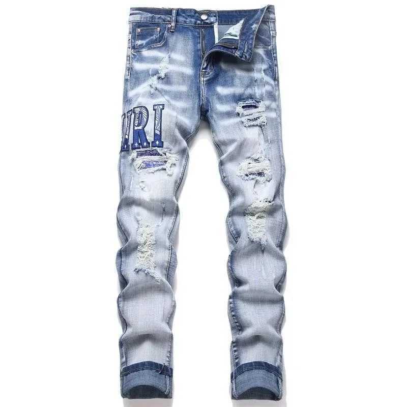 Retro Blue Hole Punk Style Slim Fit Elastic Printed Mens Jeans Casual High Street Fashion Chinese Production Male Denim Pants1 Y251105