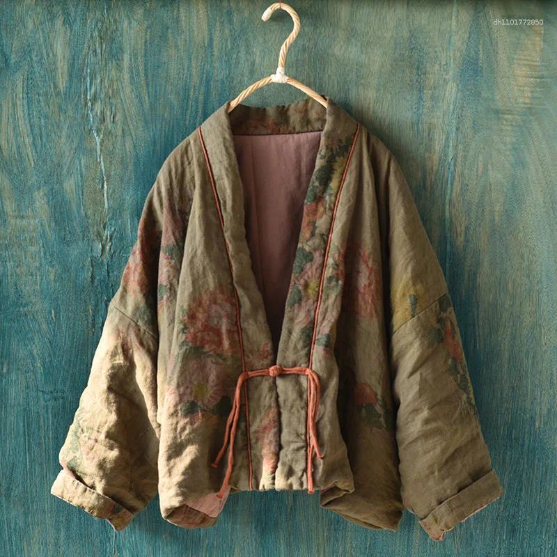 Women's Jackets Women Casual Padded Arrival 2025 Winter Vintage Style Floral Print Loose Female Thick Cotton Linen Coats M187