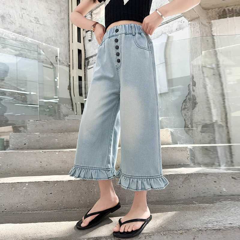 Girls summer fivepin lace sevenpoint denim wideleg pants 2025 summer slim casual and fashionable straightleg pants 515 yearT251017