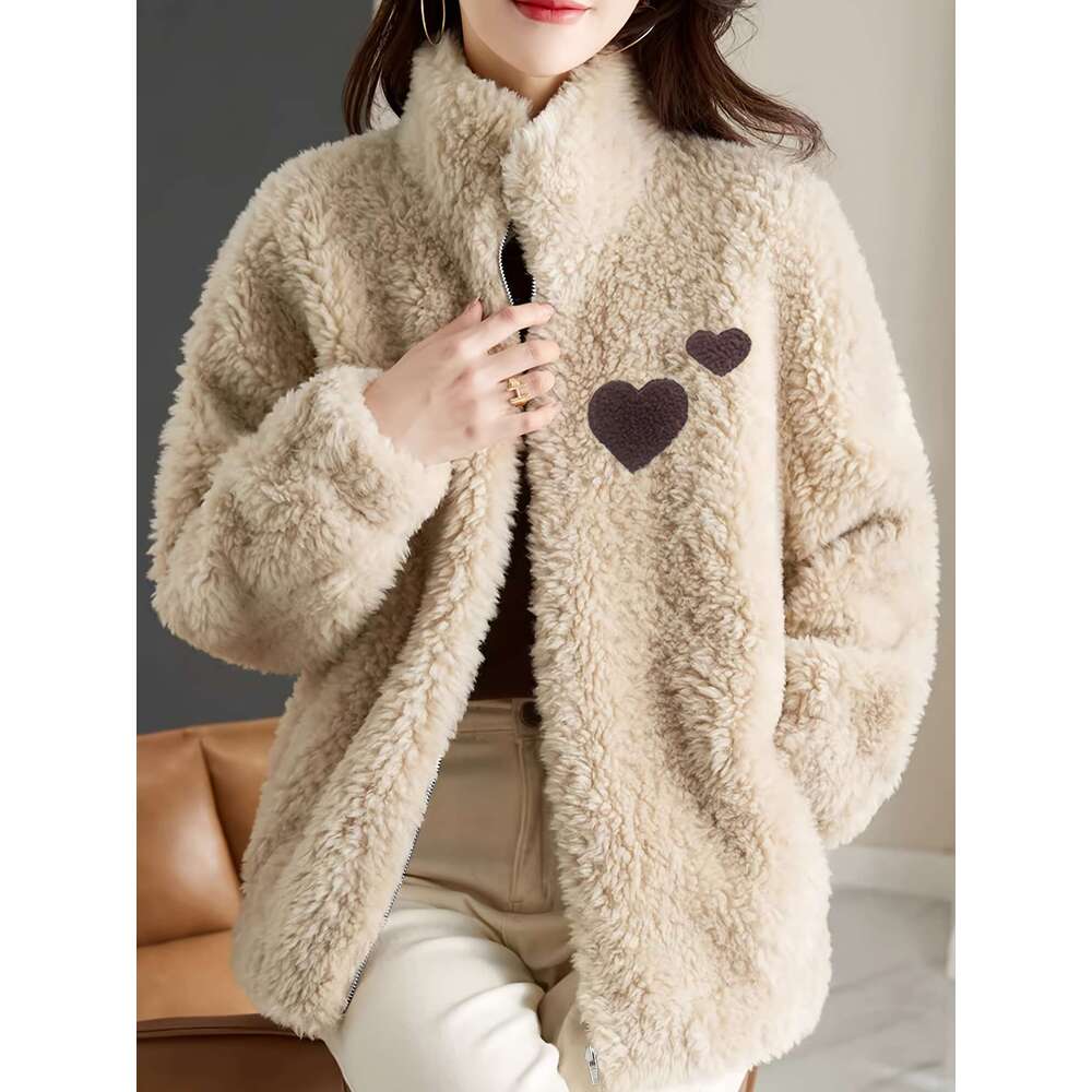 Shein Men's Jackets Heart Collar Plush Jacket, Soft Warm, Sweet And Versatile, Casual Women's Jacket