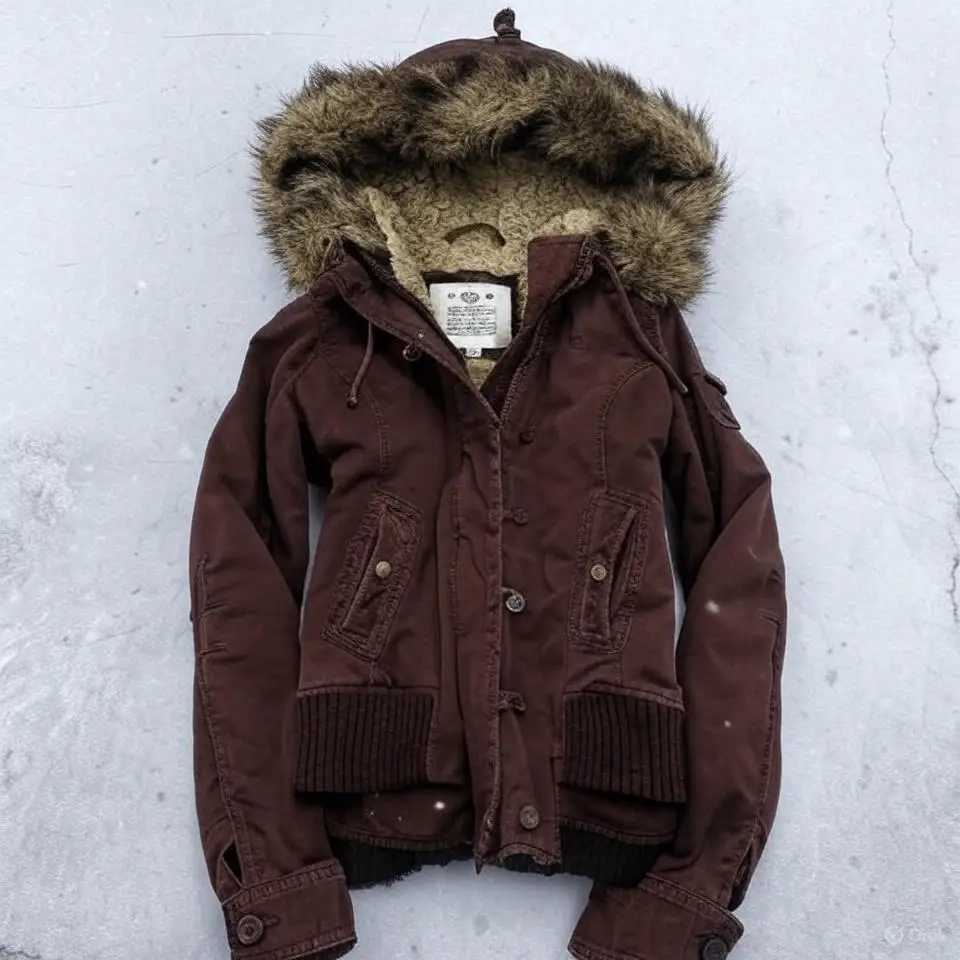 American Vintage Y2K Fur Lined Bomber Jacket Womens Brown Hooded Coat with Faux Fur Trim and Ribbed Cuffs Fashionable and Casual T251020
