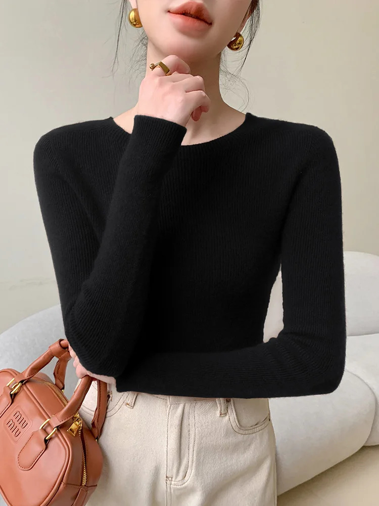 CHICUU Autumn Winter Women Cashmere Sweater Slim Oneck Pullover 100 Merino Wool Knitwear Basic Bottom Korean 251013
