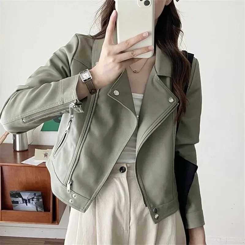 Autumn Women Korean Slim Short Faux Pu Leather Jacket Streetwear Pink Green Black Beige Lapel Long Sleeve Biker Jacket FemaleT251017
