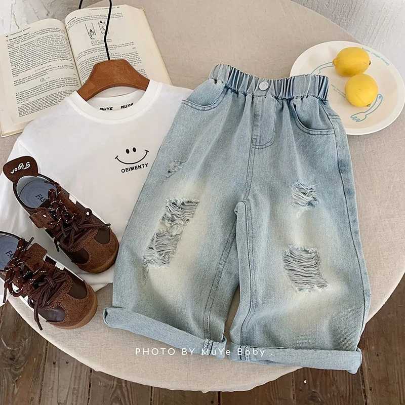 Spring and Autumn Childrens Pants Personalized Ripped Jeans Loose Straight Leg Pants for Boys and Girls 210T High QualityT251017