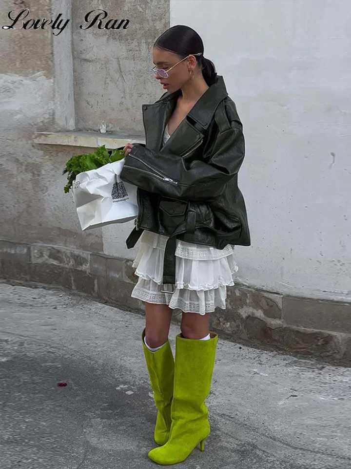 Locomotive Green Pu Leather Women Jacket Street Long Sleeve Lapel Pocket Belt Female Coat 2025 Autumn Winter Lady OutwearT251017