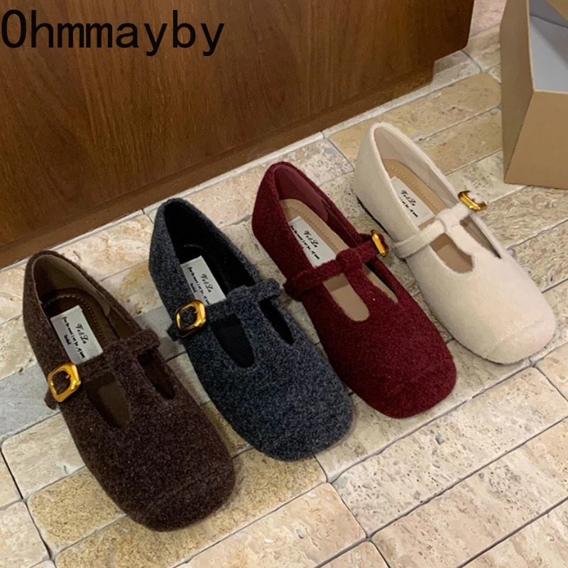 Autumn Woolen Fabric Women Flats Shoes Fashion Shallow Round Toe Shoes Ladies Comfort Ballet Style Mary Jane Shoes 251013