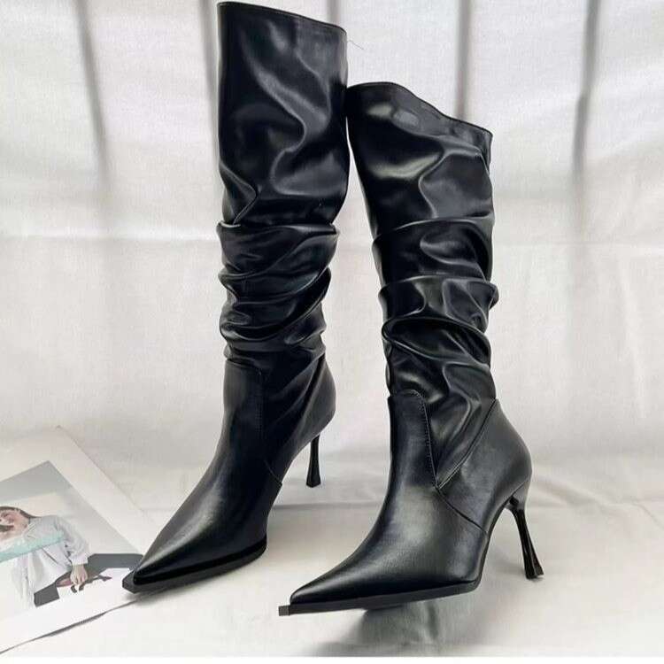 Pointy Pleated High Women's Hipster Skinny Pile Boots High Heels Above The Knee