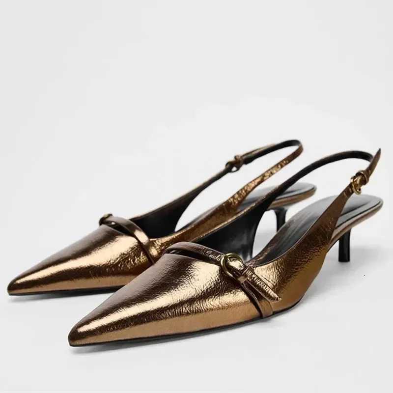 Elegant Kitten Heel Sandals Women Sexy Pointed Toe Gold Copper Heels Luxury Buckle women Pumps Low Heel Slingback Mules Sandal Z251015