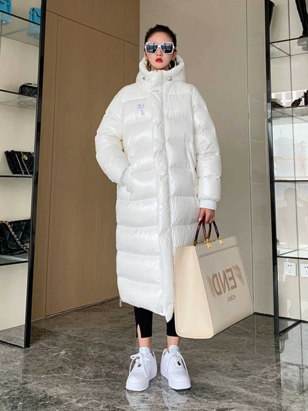 Womens Winter Hooded Glossy Long Sleeve Hooded Long White Duck Down Coat Lady Thick Warm Down Outwear W251016