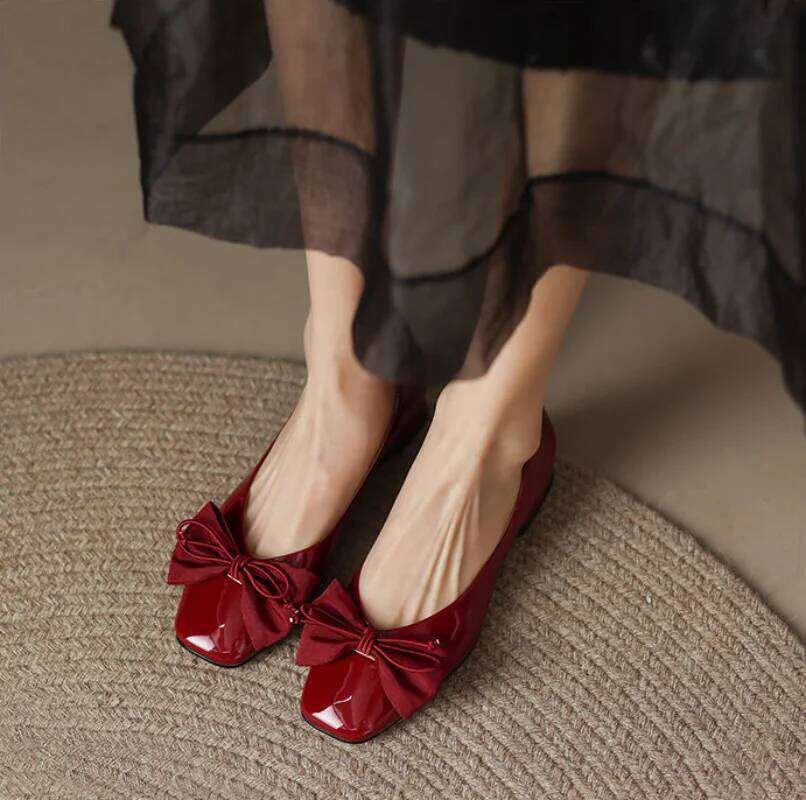 Black Kawaii Ladies Summer Footwear Square Toe Cute Low Heel Elegant with Bow Shoes for Women 2025 Red Y2k on Offer Chic Point