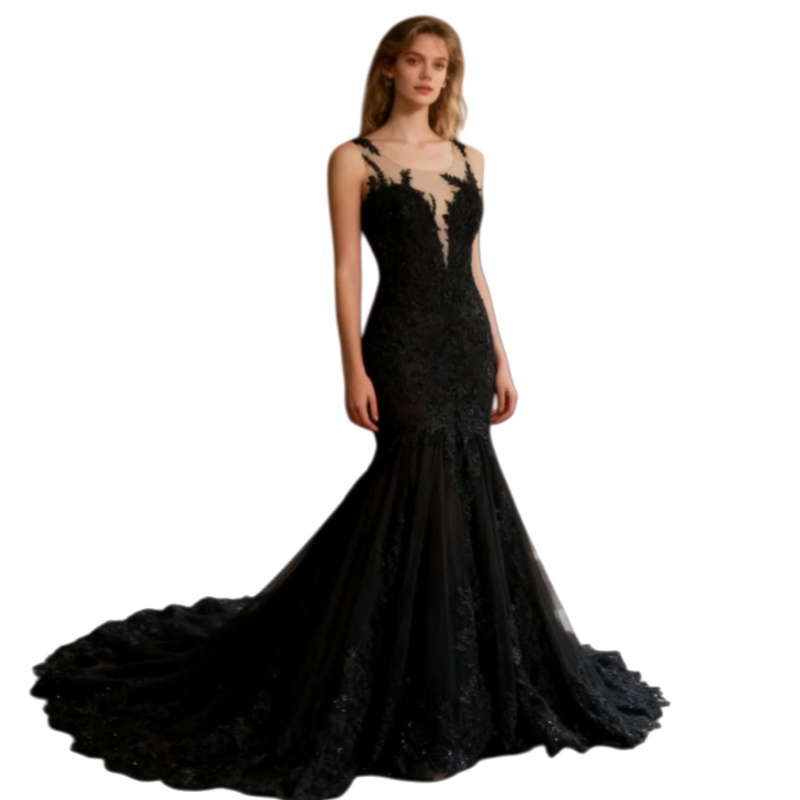 Vintage Black Lace Mermaid Wedding Dresses Chapel Train Gothic Bride Gown Sleeveless Illusion Jewel Neckline Boho Bridal Dress Custom made