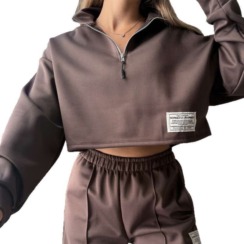 Women's Autumn And Winter New Fashion Half-Zip Solid Color Short Sweatshirt Set For Women B5