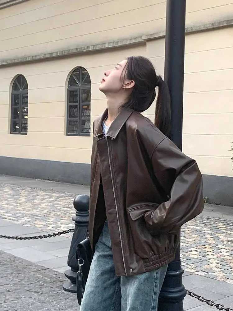 Luxury Black Leather Jacket Women Short Tops Motorcycle Jacket Spring Autumn Clothing Jacket Vintage Brown PU Leather Coat ZipT251017
