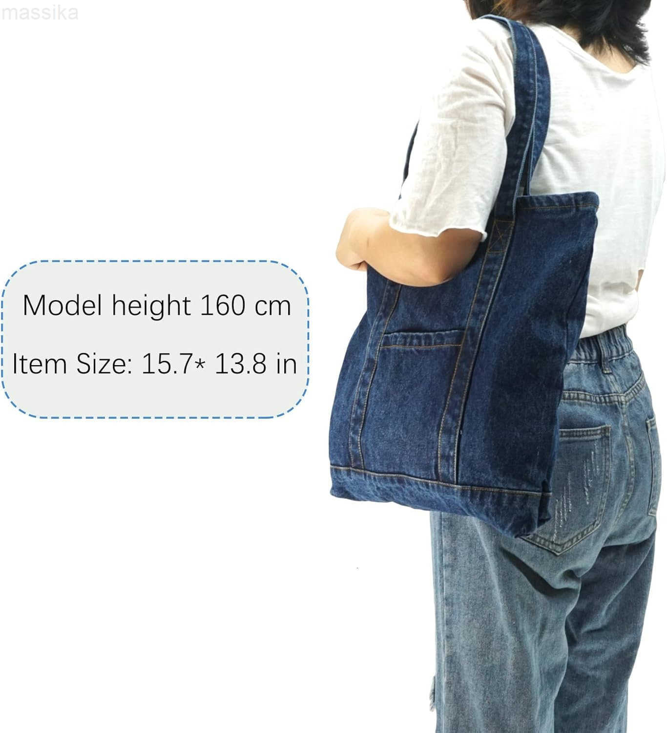 Denim Tote Bag Casual Style Lightweight Classic Retro Travel Shopper Shoulder Handbag M251017