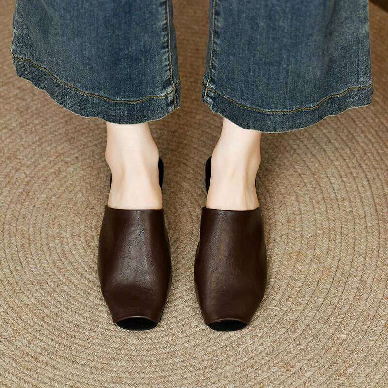 Mules Cover Sandals New Summer Leather for Fashion Modern Slippers Slides Women Peep Toe Low Heel Shoes