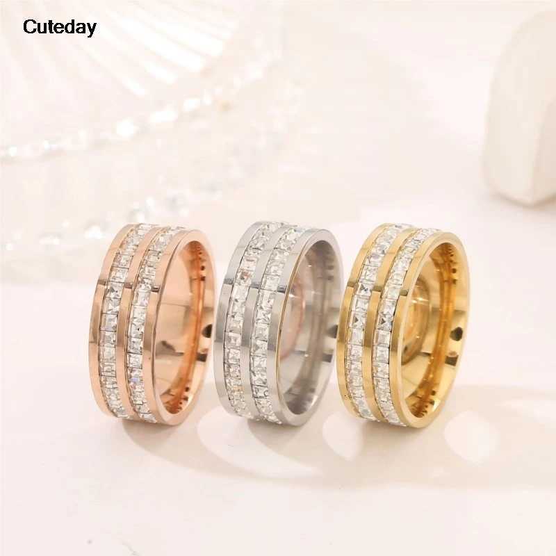 Luxury Rose Gold Double Rowed Square Zircon Stainless Steel Ring Womens Romantic Engagement Wedding Party Jewelry Women GiftW251017