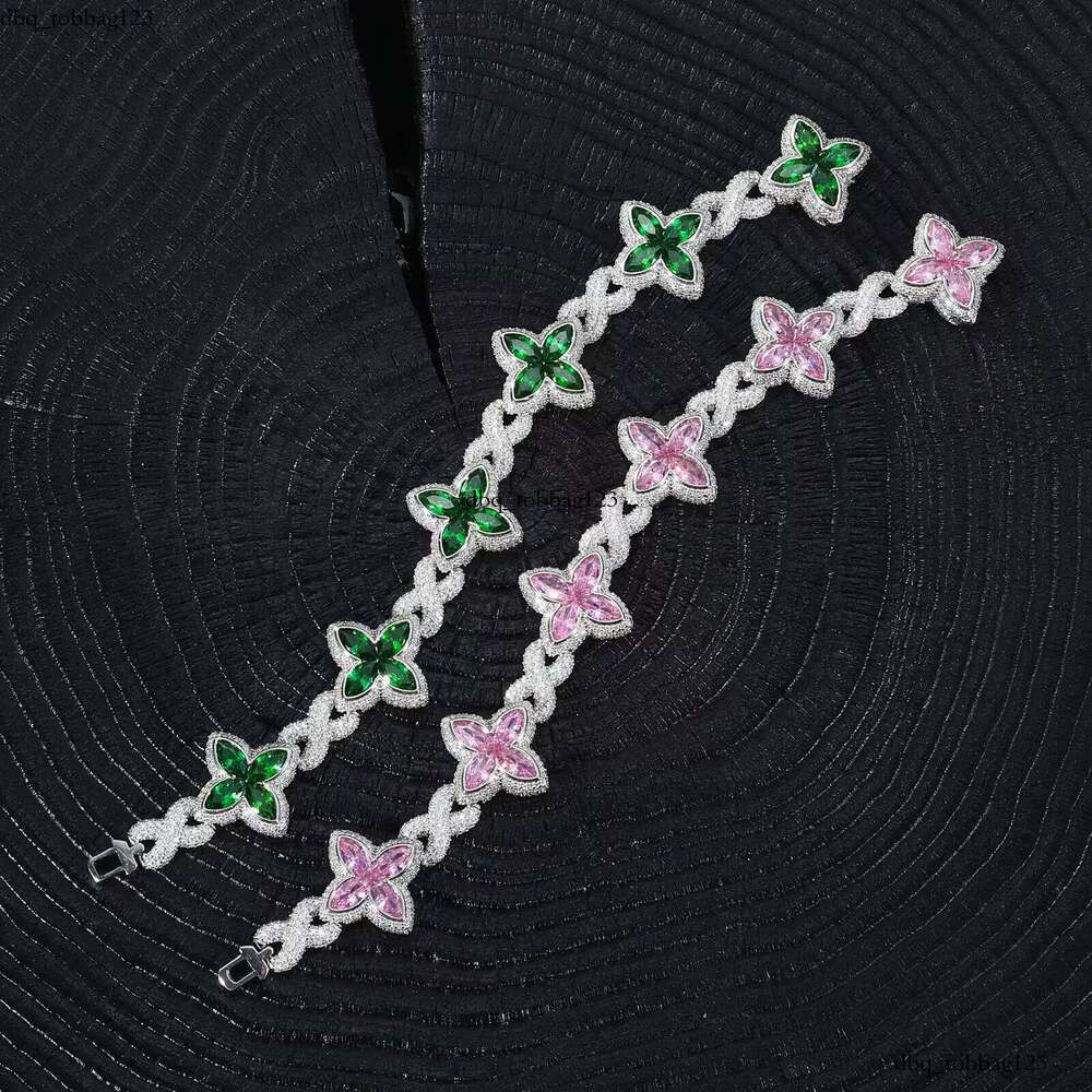 Fashion 21mm Sterling Sier Colorful Marquise CZ VVS Moissanite Four-Leaf Clover Infinity Cuban Chain Bracelet