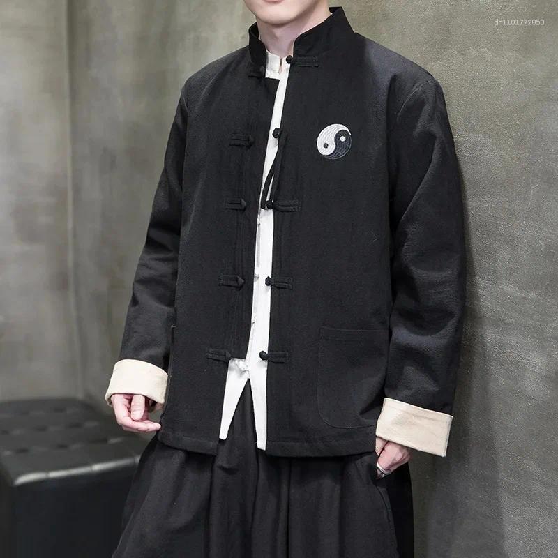 Men's Jackets Chinese Style Jacket Stand Collar Button Up Retro Tang Costume Hanfu Loose Fit Regular Length Outerwear Coat