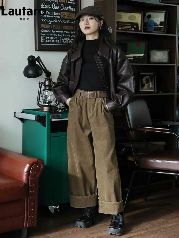 Lautaro Spring Autumn Cool Handsome Short Brown Hard Pu Leather Jacket Women Zipper Long Sleeve Luxury Designer Clothes 2024T251017