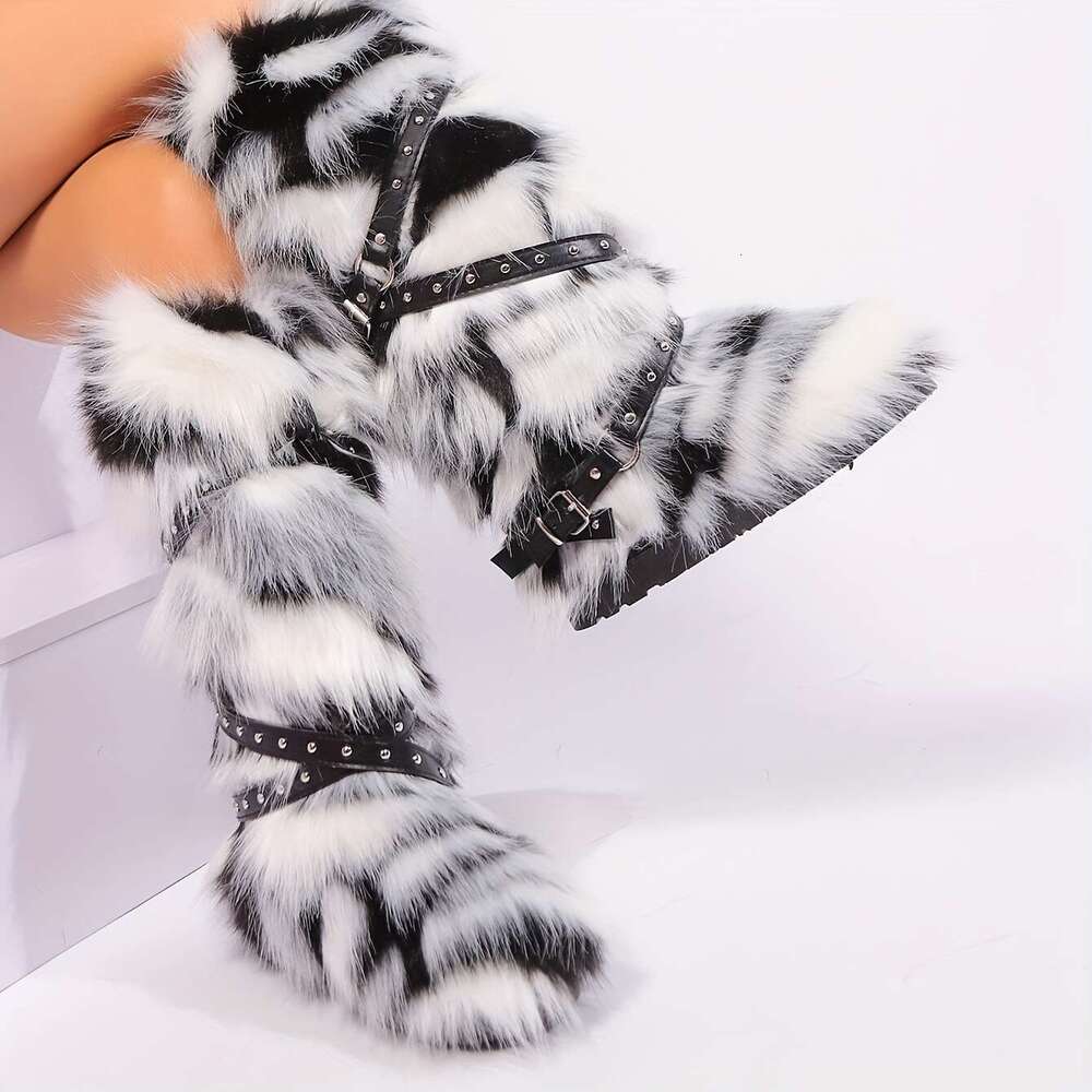 Women's Stylish Faux Fur Boots With Chain Detail - Warm Snow Slip-On Round Toe, Flat Superfine Fiber Upper & Lining, TPR Sole, Perfect For Outdoo
