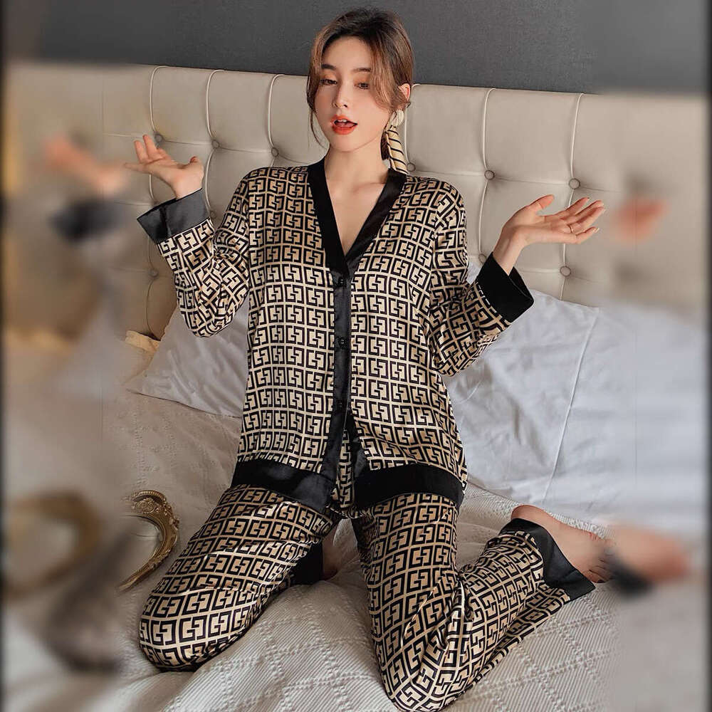 Fashion Printed Cardigan Ice Silk Sleeve Long Pants Women's Casual Wearable Two-Piece Homewear Set Pajamas