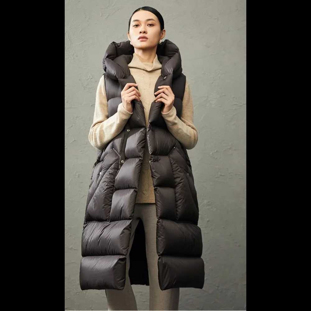 Womens Monochromatic Hooded Long Down Jacket Vest SingleBreasted Sleeveless Outerwear Ultralight Medium Length Models W251016
