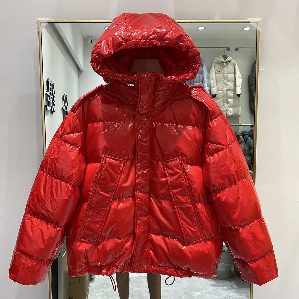 Glossy Short Puffer Jacket Korean Hooded Shiny Down Jackets Solid Colors Drawstring Long Sleeve Winter Parkas Female Coat 251014