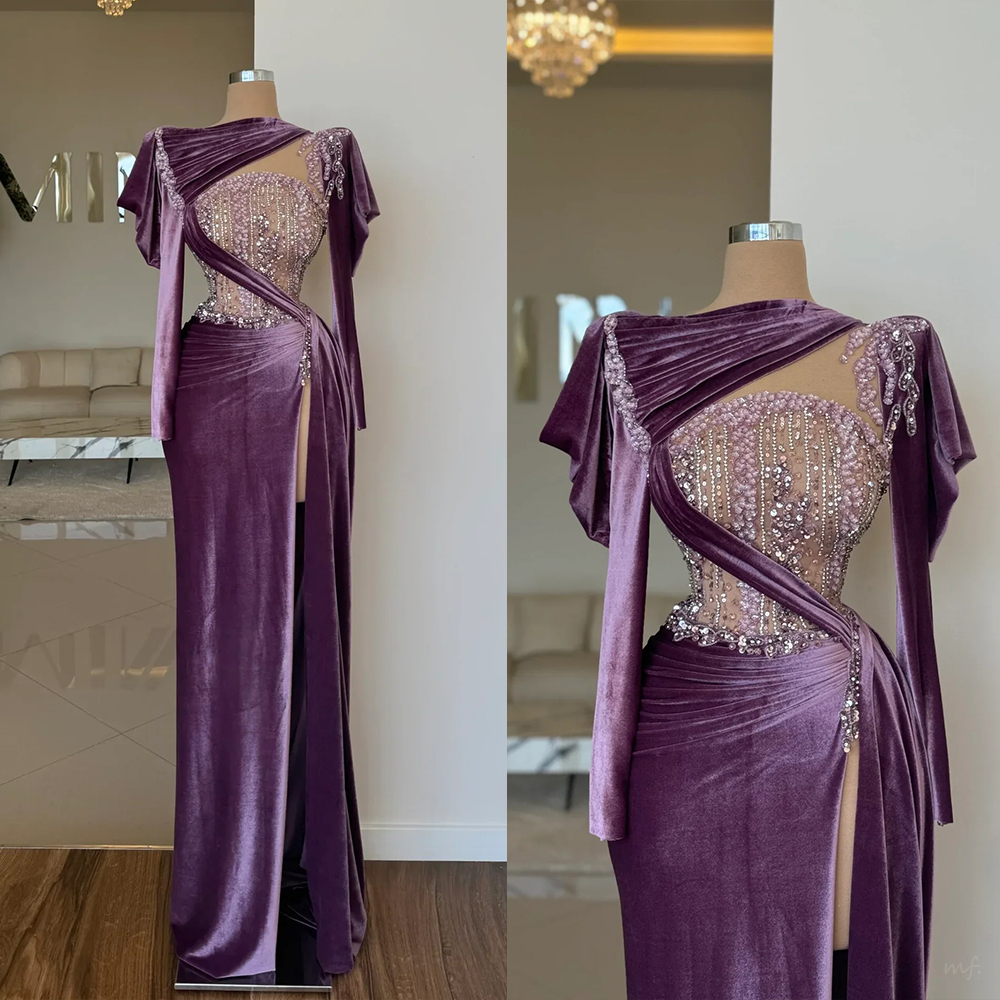 Vintage Evening Dresses For Women Velvet Sequins Gown Long Sleeves Split Side Floor Length Dress Party Customized
