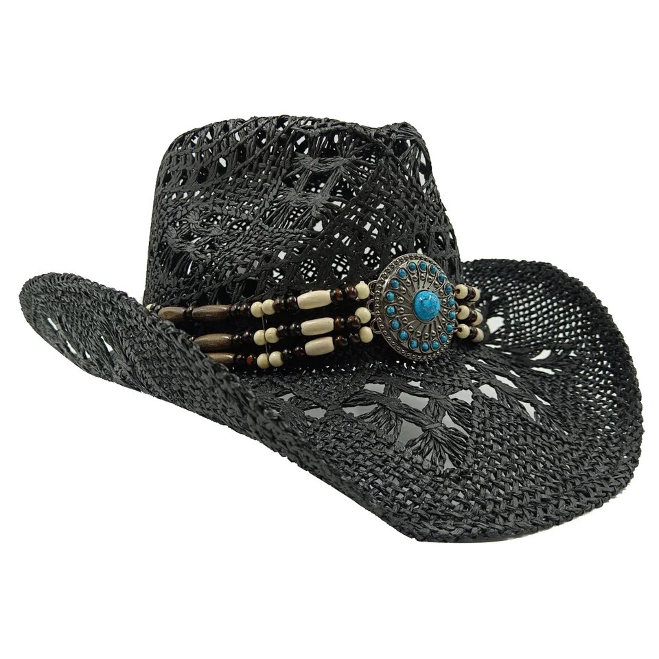 Ethnic Cowboy hat Black retro straw hat mens and womens jazz Cowboy hat straw hat sun hat summer hat sombrero 251015