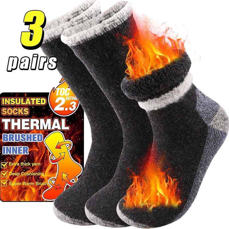 3Pairs Super Thick Merino Wool Socks Male Men Winter Thermal Cashmere Socks Fleece Terry Loop Middle Tube Socks High Quality 251017
