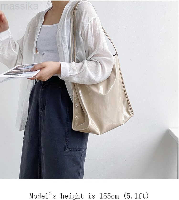 Women Patent Leather Bag Soft Tote Bag Shiny Shoulder Bag Minimal Purse Fashion Handbag M251017