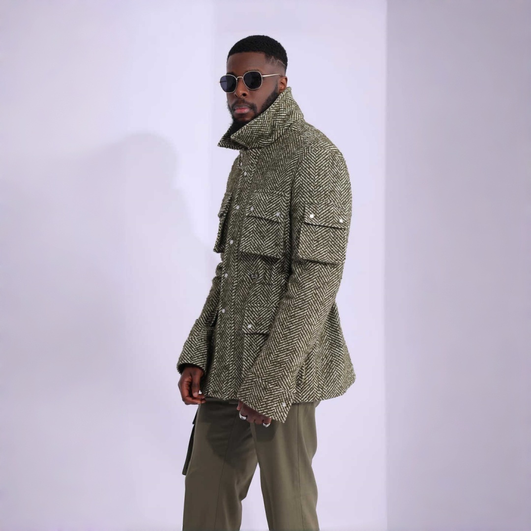 Fashion Men's Tweed Herringbone Coat High Collar Single Breasted Autumn Winter Thick Outwear One Piece Custom Made